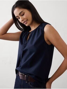 Banana Republic Navy Sleeveless Keyhole Blouse GATHERED-NECK TOP